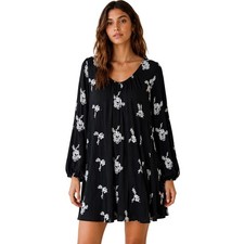 Free People Black Floral Embroidered Mini Dress Cutout Back Gauze Large
