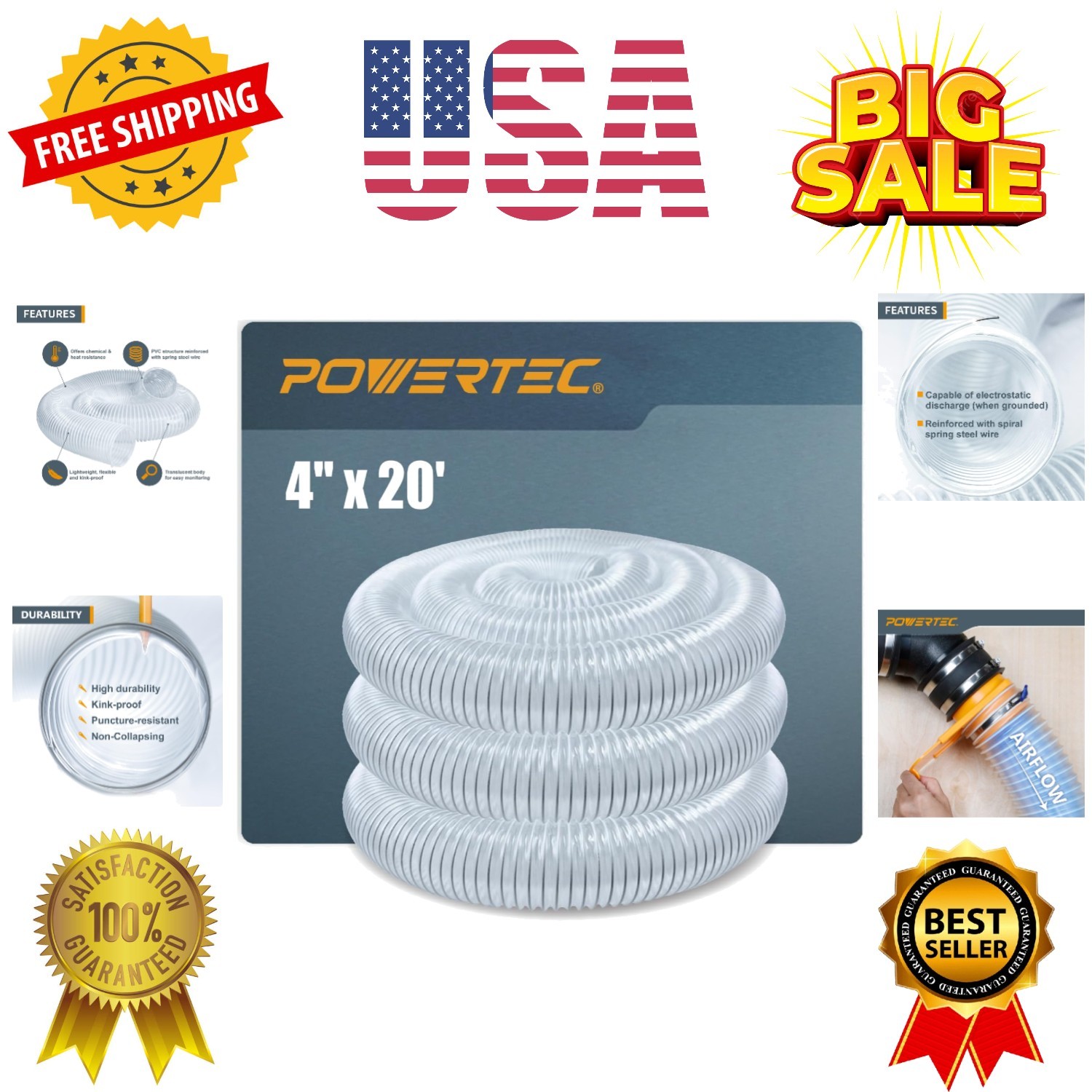 4" x 20' Dust Collection Hose, 4 Inch Dust Collector Hose for Table Saw, Band...