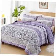 Boho Quilt Set Queen Size,Purple Bohemian Striped Queen 96" 90" Lavender