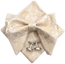 Mens Pre-Tied Paisley Bowtie Oversized Tuxedo Bow Tie Hankie Cufflinks Beige