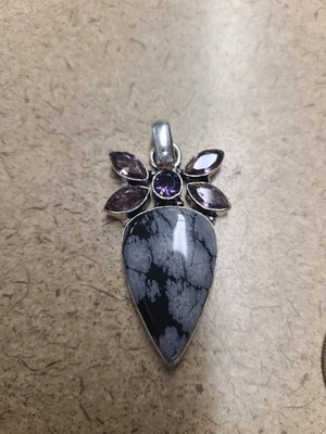 Sterling Silber Schneeflocke Obsidian Anhänger