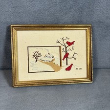 Vintage Cross Stitch Needlework Red Bird Cardinal Wood Framed Small Christmas
