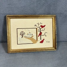 Vintage Cross Stitch Needlework Red Bird Cardinal Wood Framed Small Christmas