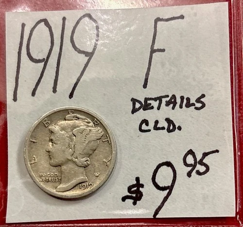 1919 Mercury Silver Dime (F) Fine Condition! Details: CLD. ENN Coin
