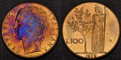 1978 Italy 100 Lire GOLD, BLUE, & PURPLE TONING (L62-80)