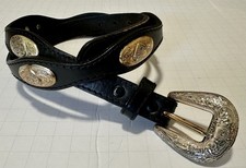 VTG Black Leather Western Belt Silver Heart Cochos Romantic Cottagecore Boho 28