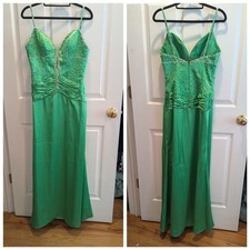 Y2K Formal Glam McBling Green Satin Beaded Mermaid Gown Dress Mori Lee Size 8