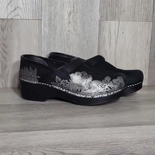 Dansko Womens 36 Metallic Floral Professional Clog Nubuck Suede Black Silver