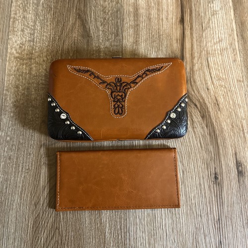 COUNTRY ROAD Western Longhorn Rhinestone Studded Clutch Wallet With Check Book