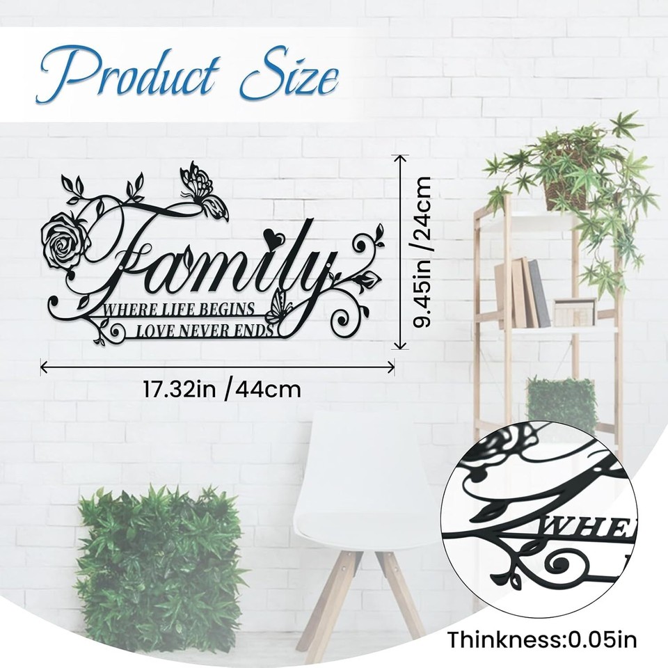 Family Where Life Begins Love Never Ends Word Sign Metal Wall Art Black