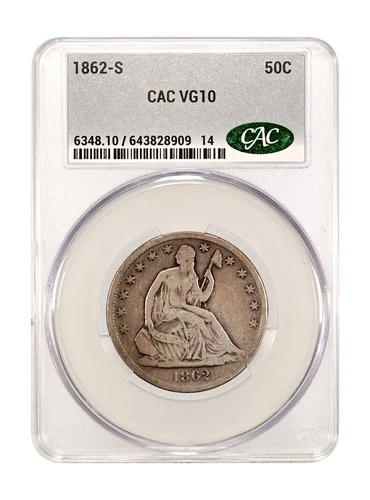 1862-S CACG VG10 Liberty Seated Half Dollar 50C Rare CAC Approved