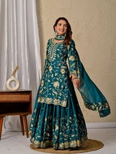 Fancy Latest Heavy Chinnon Top Lehenga And Teal Green Dupatta For Women / Girls