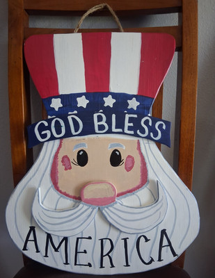 Patriotic Uncle Sam Door Hanger God Bless America Wooden Americana July 4th Deco