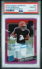 2023 Bijan Robinson Clearly Donruss Rated Rookie Autograph Purple /175 PSA10🔥