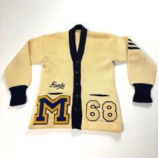 Vintage University Of Michigan Varsity Cardigan Sweater Ivory S/M 1960s