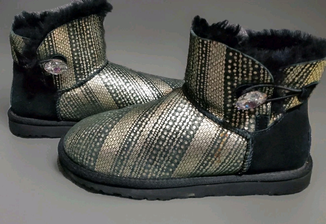 Ugg Mini Bailey Button Bling Black/Silver Boots~S… - image 1