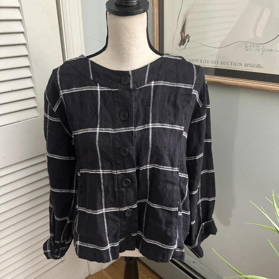 FLAX Jacket Womens Medium Black Window Pane Plaid Linen Cropped Boxy Lagenlook - Image 2 of 4