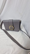 Oushka Grey Leather Shoulder Bag Crossbody Gold Circle Buckle Flap Dragonfly