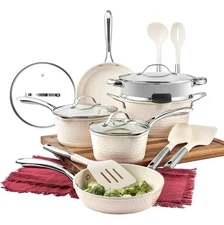 Gotham Steel Hammered Cream 15 Piece Pots and Pans Ultra Ceramic Nonstick