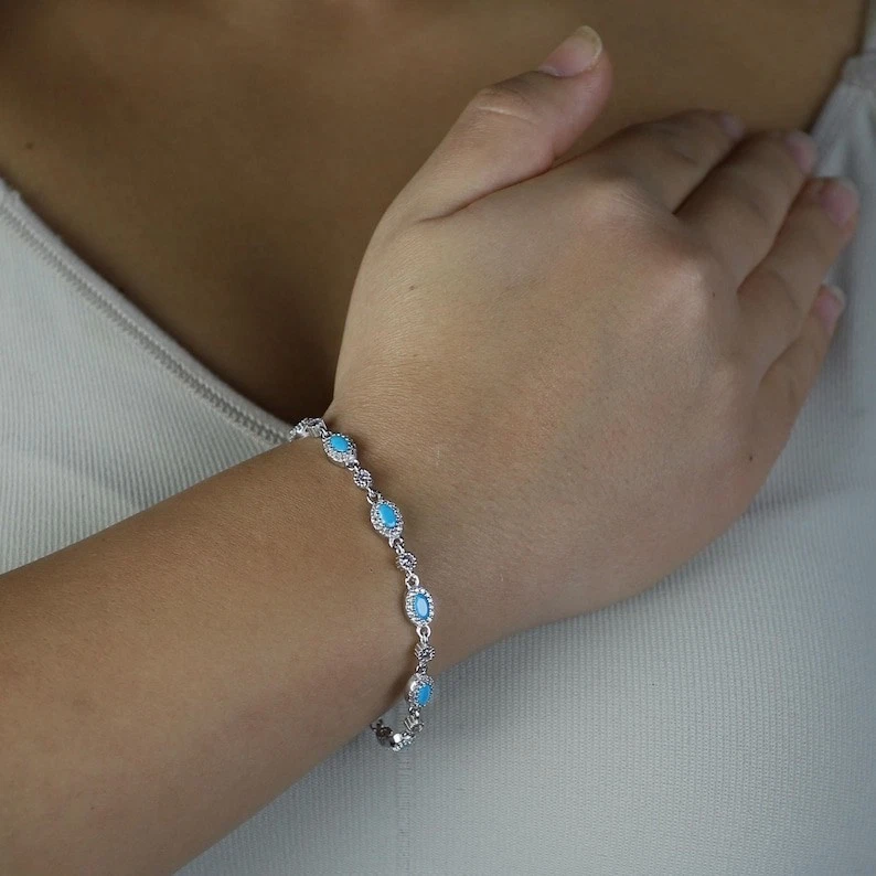 Women Dainty Oval Silver Oval Turquoise Tennis Bracelet - Image 4 of 4