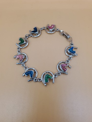 Silvertoned Horseshoe/Horse Head Bracelet Multicolored Enamel Equine/Equestrian - Imagen 3 de 8