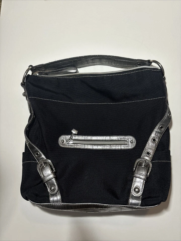 Bolso de Mano KATHY VAN ZEELAND Top Cremallera Cinturón Lona, Negro Plata Foto 2 de 4