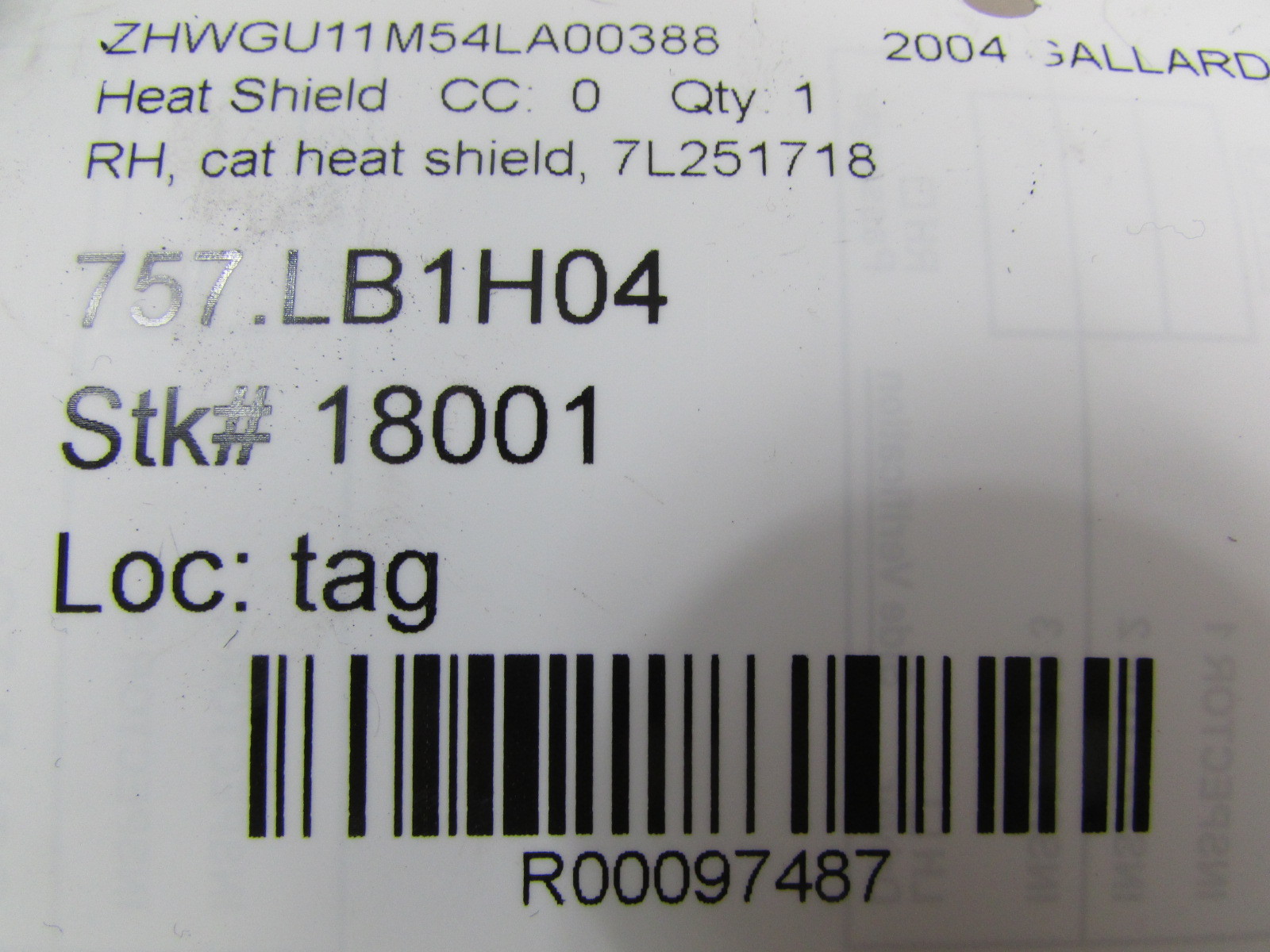 Lamborghini Gallardo, RH, Right, Exhaust Heat Shield, P/N 7L251718
