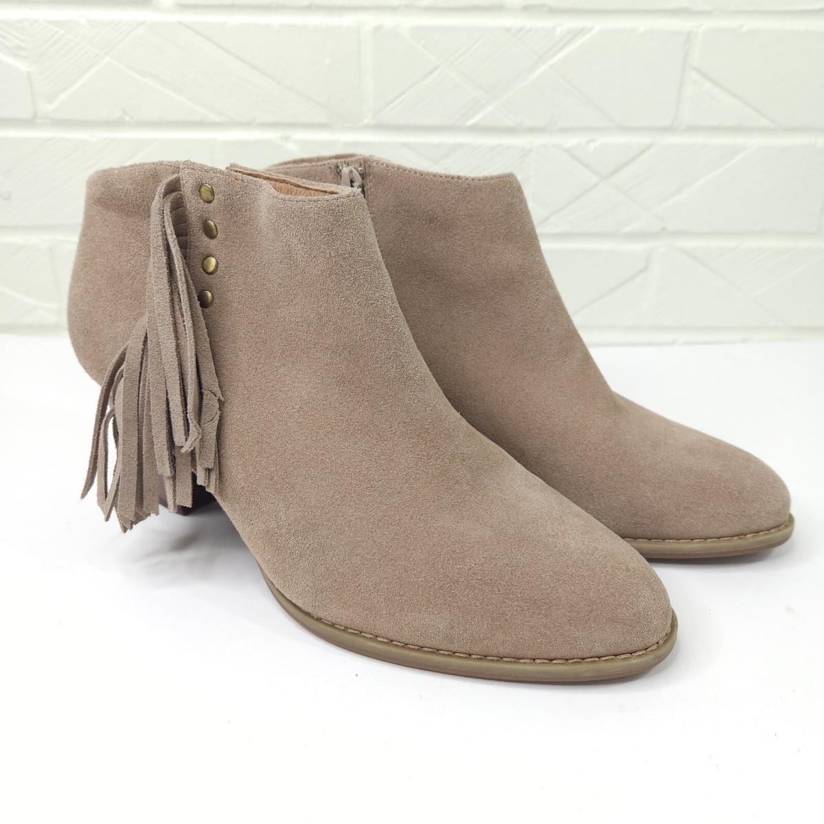 Vionic Beige Tan Upright Faros Fringe Western Ankle Bootie Suede