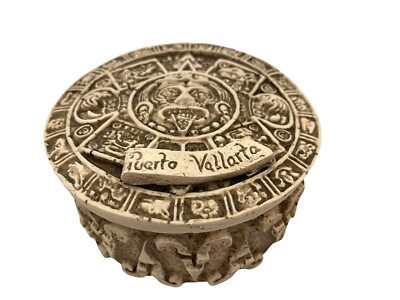 Hand Carved Tonatiuh Calendar Round Aztec Clay Lidded Mexican Trinket Box