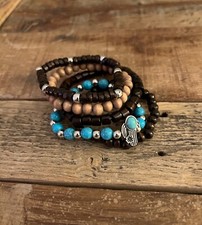 Bracelet Set 5 Piece Boho Wood Bead Stretch  7  plus  225