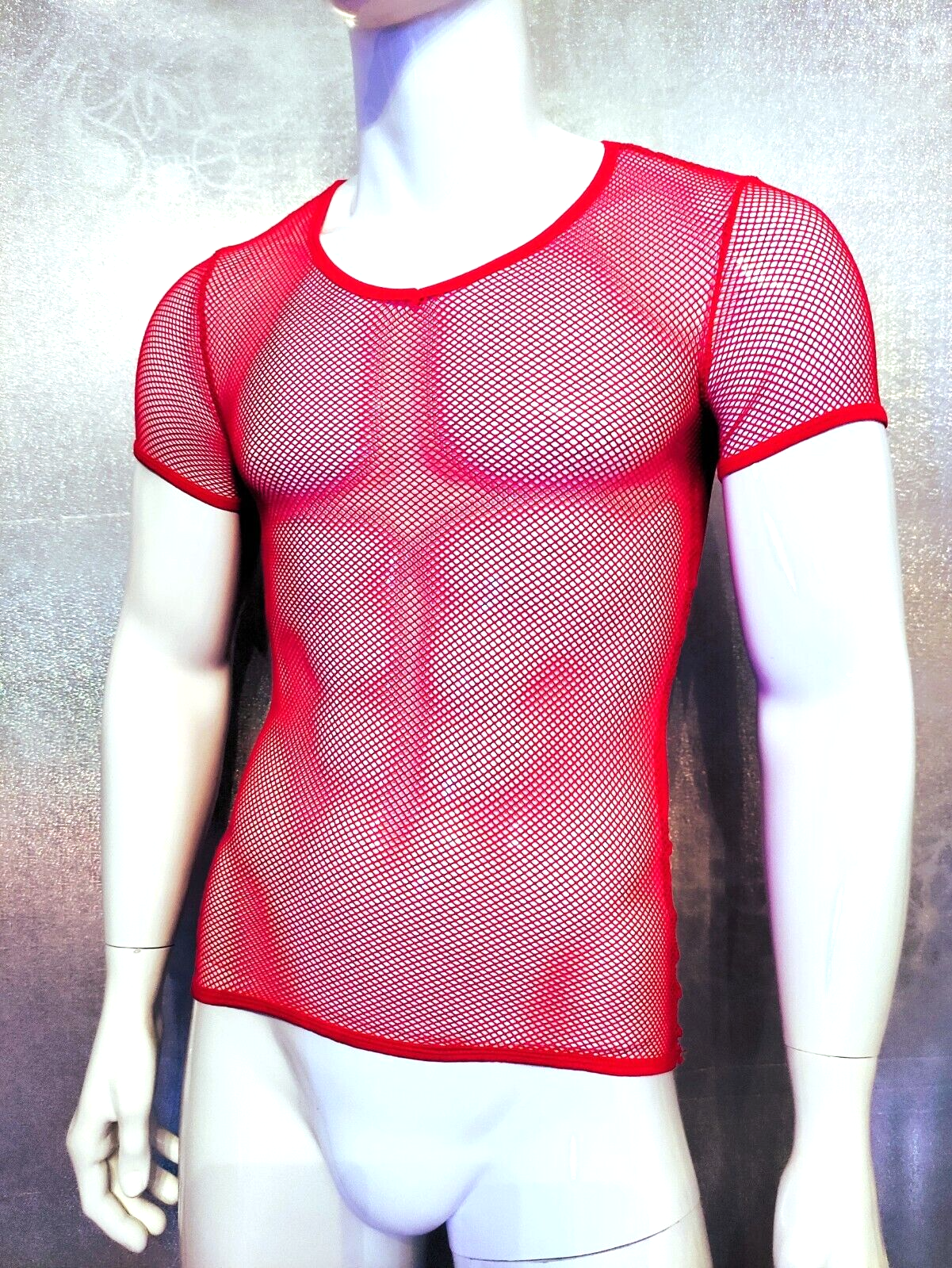 ALTRA NUOVO! Camicia a rete maniche corte uomo shirt top super soft stretch sexy scollo a V rosso taglia 1