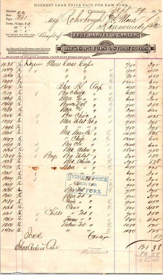 Eddy Harvey & Carter Chicago IL 1877 Billhead Hats Caps Furs & Straw
