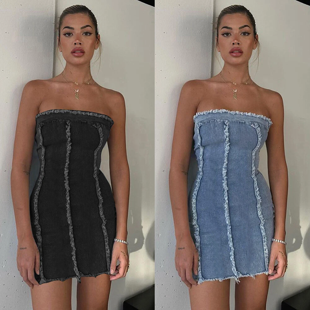 Sexy Ladies Boob Tube Denim Mini Dress Womens Strapless Bodycon Party  Dresses UK | eBay