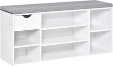 White Wood Shoe Cabinet Bench Grey Cushion Seat 7 Compartments Small Drawer Unit