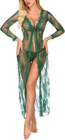 Sexy Lingerie Women Long Lace Kimono Robe Dress Sheer Gown See-Through Sleepwear