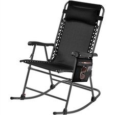 26in Foldable Lounger Outdoor Mesh Rocking Camping Chair with Pillow, Black