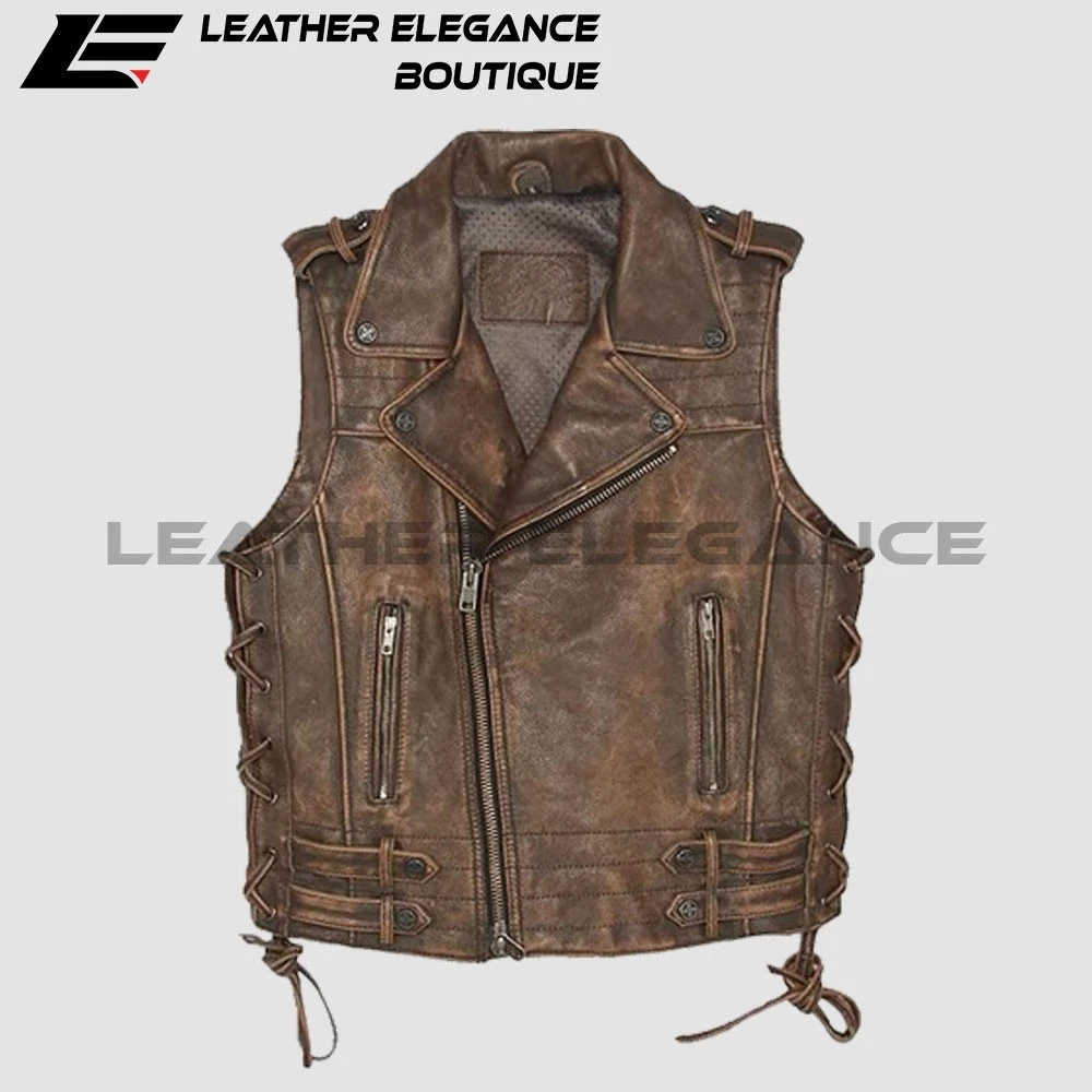 Men’s Distressed Brown Leather Motorcycle Biker Vest Lace Side Zip Pockets