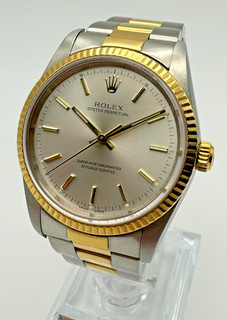 Rolex Oyster Perpetual 14233 Automatic 34mm 18k & Steel Watch Box Papers LW 15