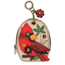 NEW CHALA RED CARDINAL BIRD RFID COIN PURSE KEYCHAIN ZIPPERED WALLET FAUX LEA