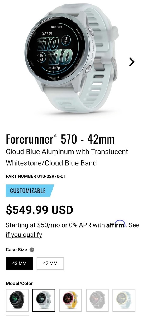 Garmin Forerunner 570 Cloud Blue 42mm GPS Running Smartwatch MPN