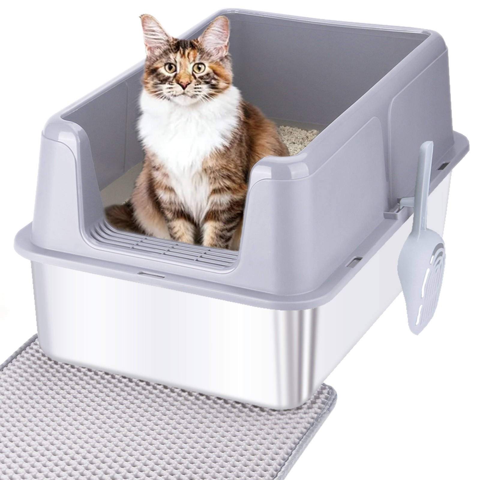 Stainless Steel Litter Box Xl Pan With Scoop & Mat