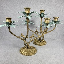Pair Large Solid Brass Bronze Monkey Three Palm Tree Candle Holder Candelabra