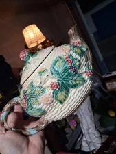 VINTAGE 1988 The Haldon Group Teapot Blackberry Basketweave Ceramic Berry Kettle