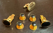Men's Round Black Faux Onyx Gold Tone Cufflinks  Tux Shirt Studs - b223