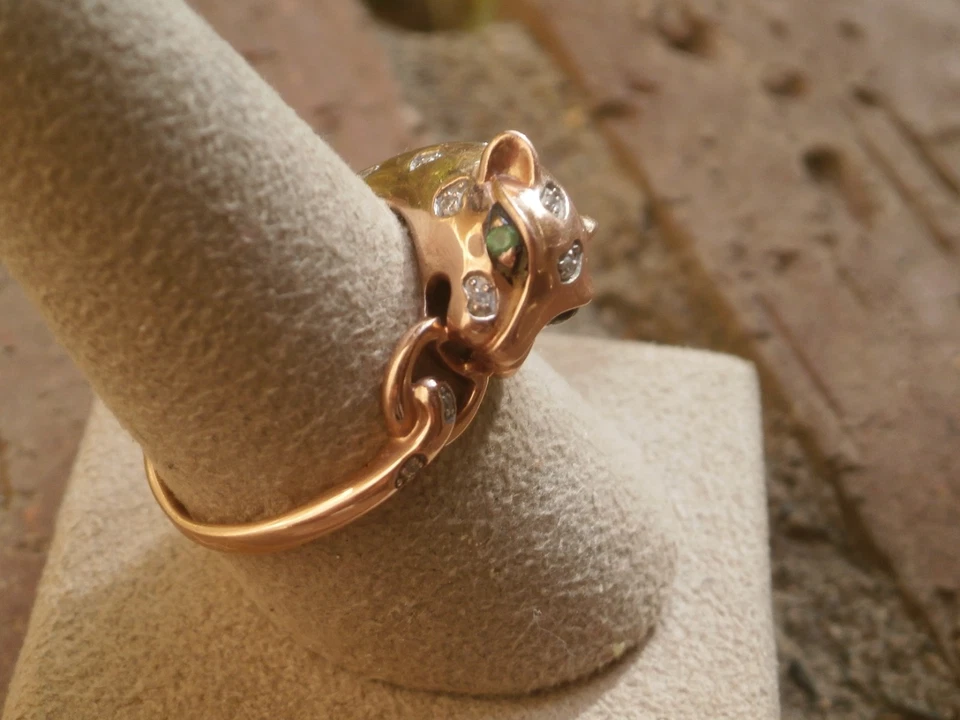 Кольцо-пантера из розового золота 14 карат Effy с цаворитовыми глазами и бриллиантовыми акцентами размер 8,75 - Изображение 2 из 4