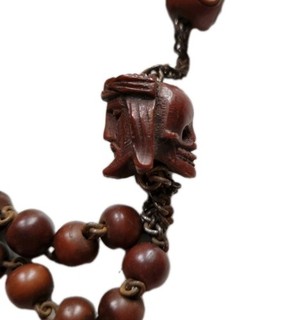Rare Antique 19th C Carved Wooden Face Of Jesus Skull Bead Rosary Momento Mori