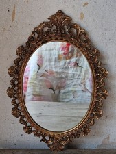 Vintage Romantic Gold Cast Metal Mirror Ornate French Rococo Coquette Wall Oval