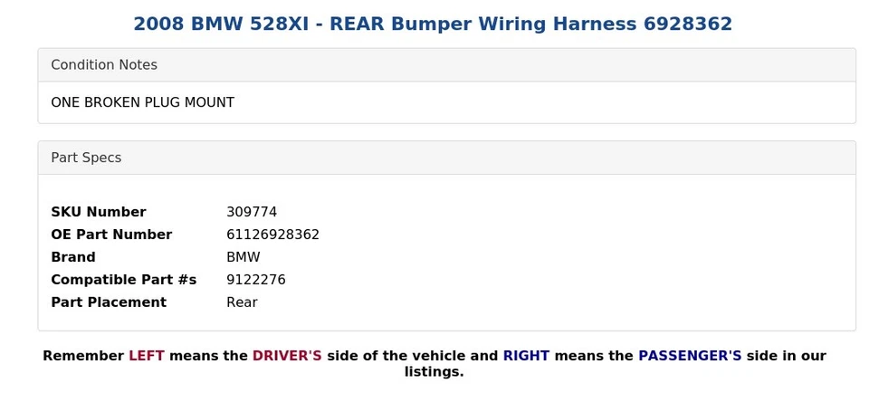 2008 BMW 528XI - REAR Bumper Wiring Harness 6928362 - Image 4 of 4