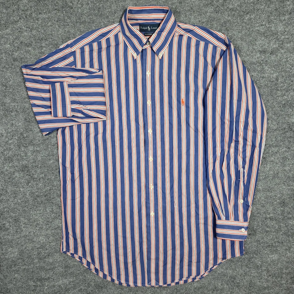 Camisa De Colección Ralph Lauren 15.5 32/33 Calce Clásico Azul Naranja Rayas Poni Abotonada Foto 3 de 4