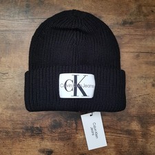Calvin Klein Jeans Mono Monogram Beanie Logo Patch One Size Black Beauty Wool-Ac